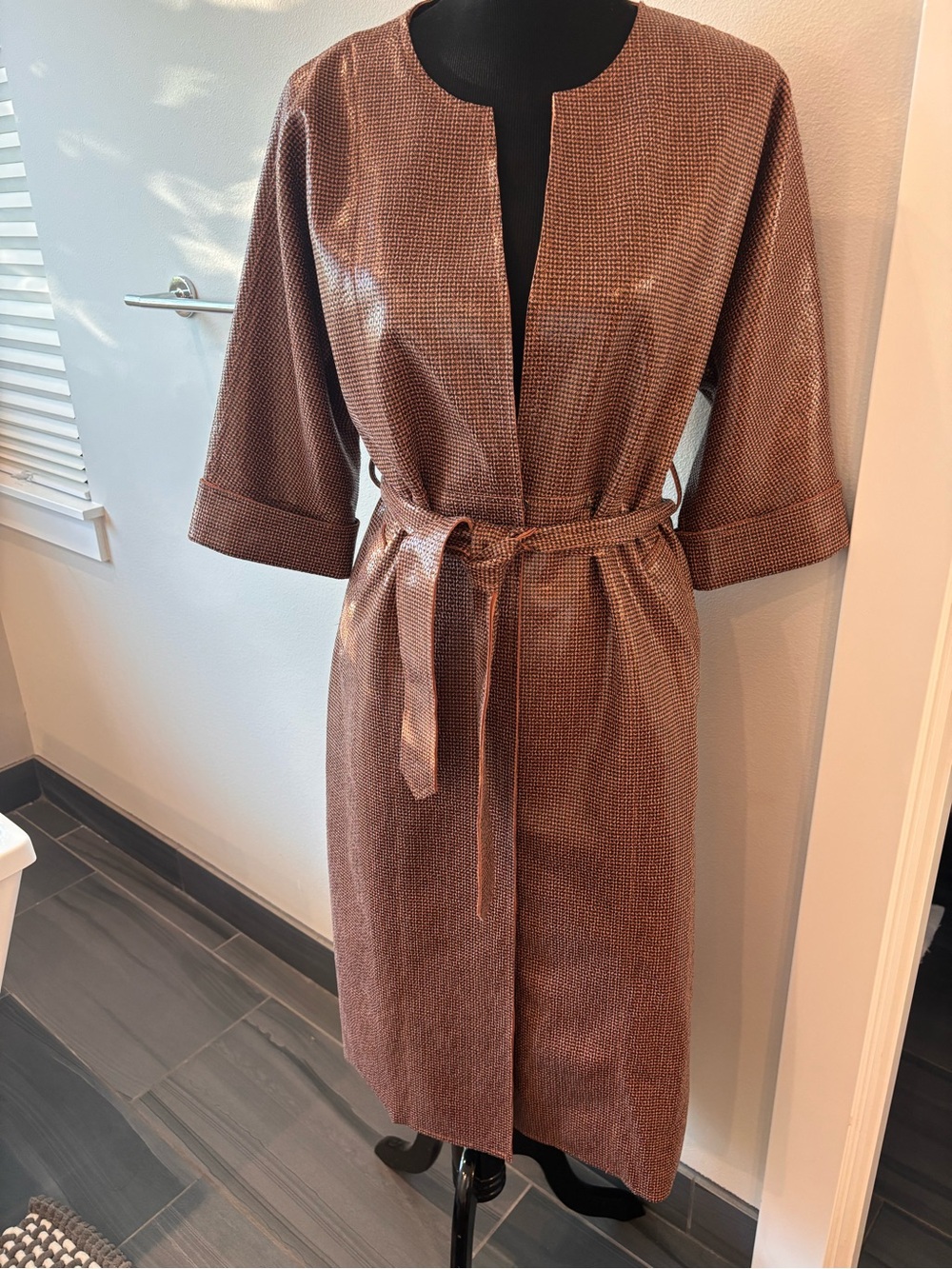 GRACIA Brown Textured Belted Midi Coat -Small